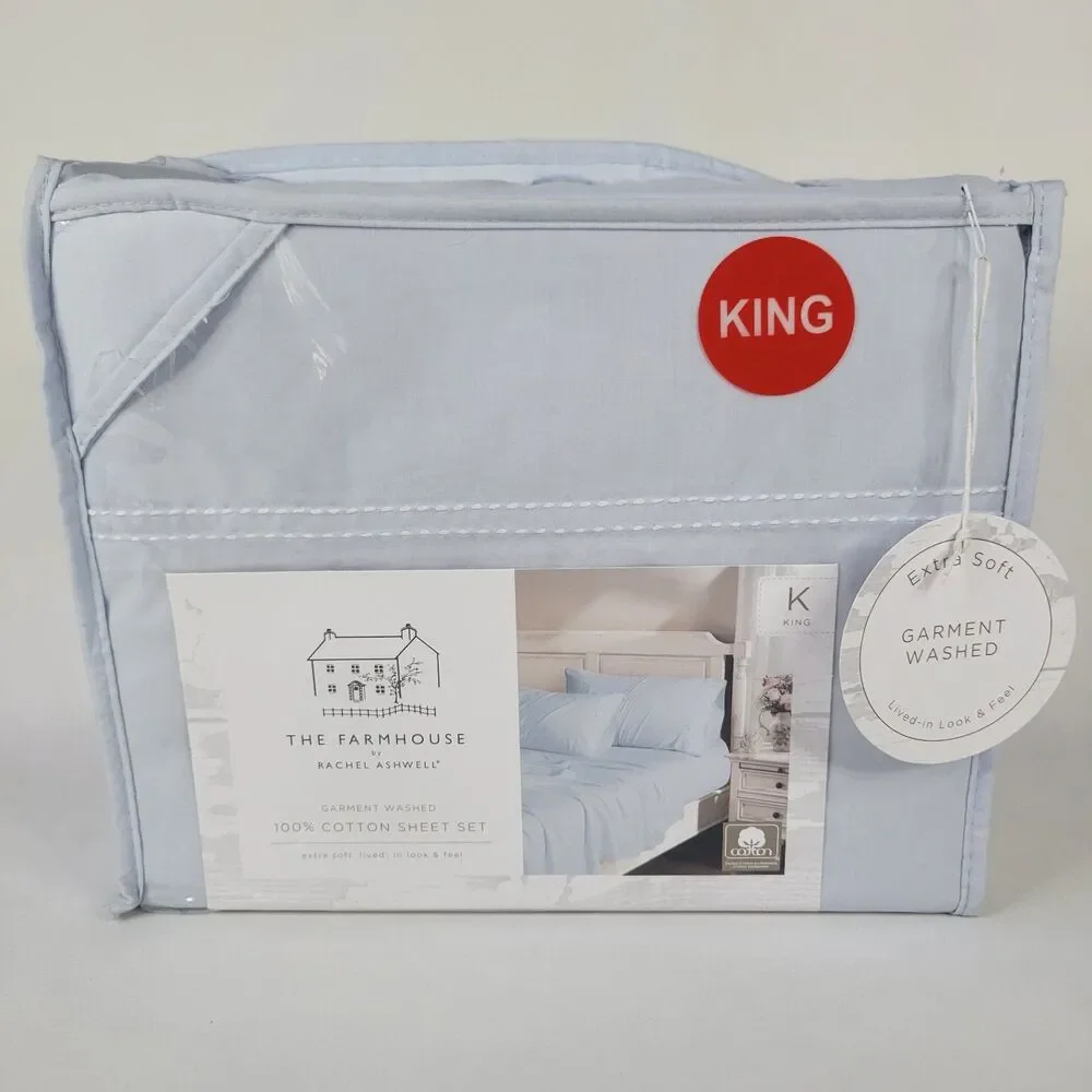 Shabby Chic 4pc KING Sheets Set Solid Light Blue Cotton Farmhouse Rachel Ashwell